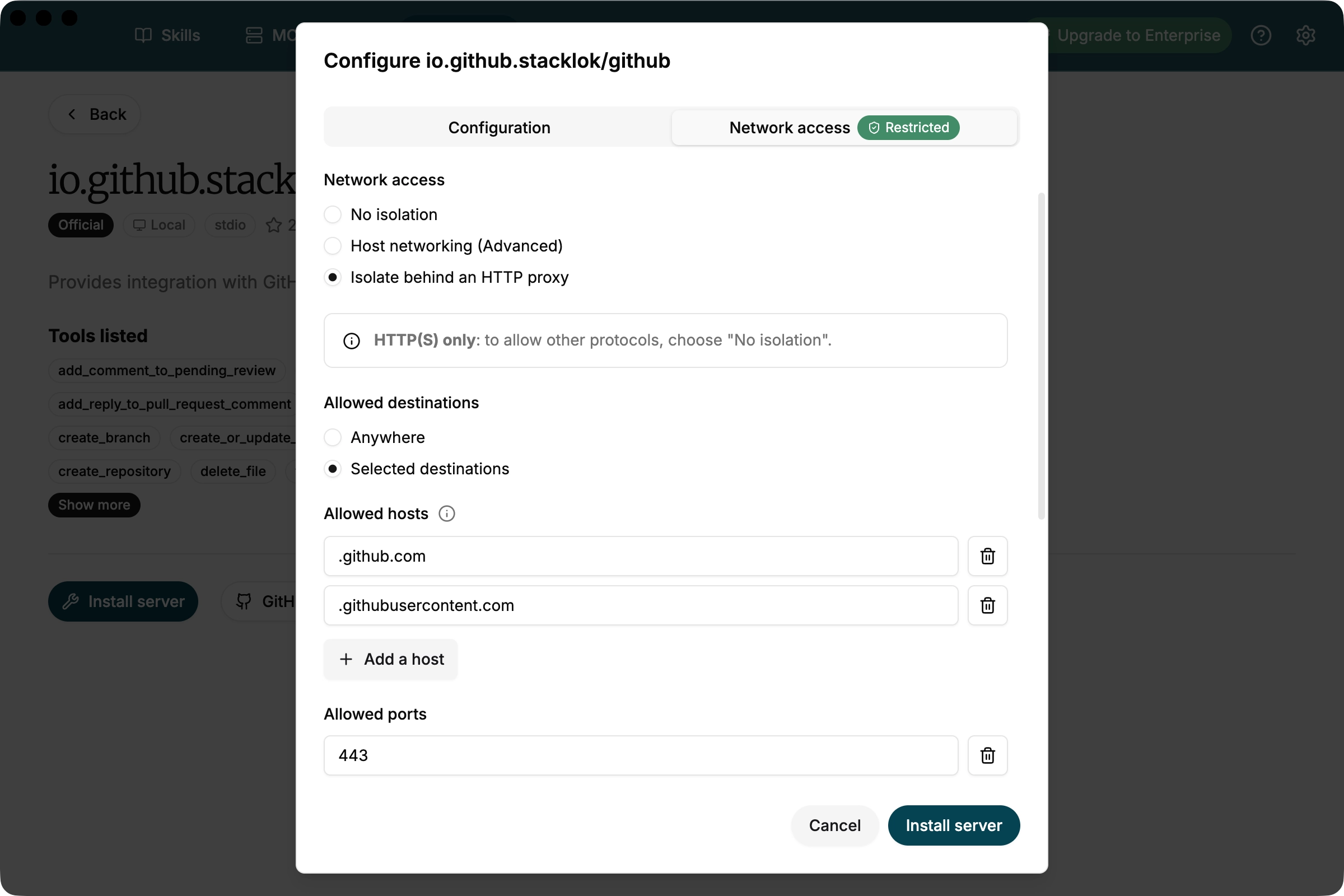 Network isolation configuration showing allowed hosts and ports Network isolation configuration showing allowed hosts and ports